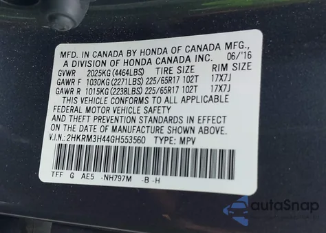 2016 Honda Cr-V Se from USA, damaged, VIN 2HKRM3H44GH553560